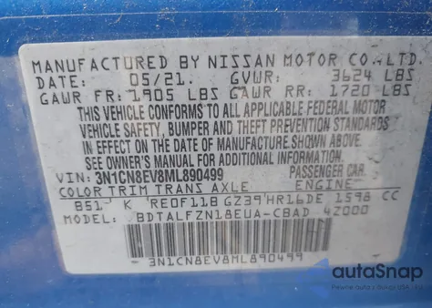 2021 Nissan Versa Sv Xtronic Cvt from USA, damaged, VIN 3N1CN8EV8ML890499
